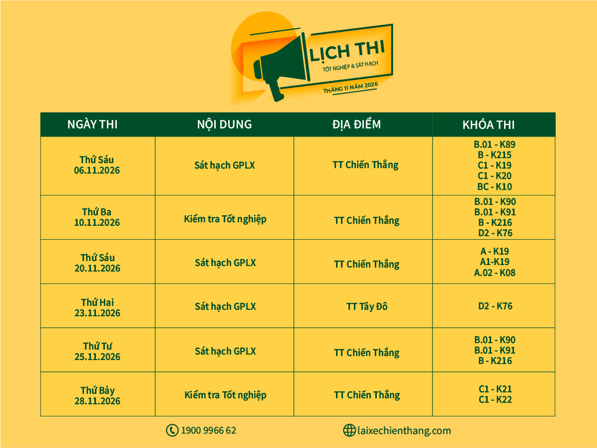 LỊCH THI TỐT NGHIỆP VÀ SÁT HẠCH LÁI XE MÔ TÔ VÀ Ô TÔ T11/2026